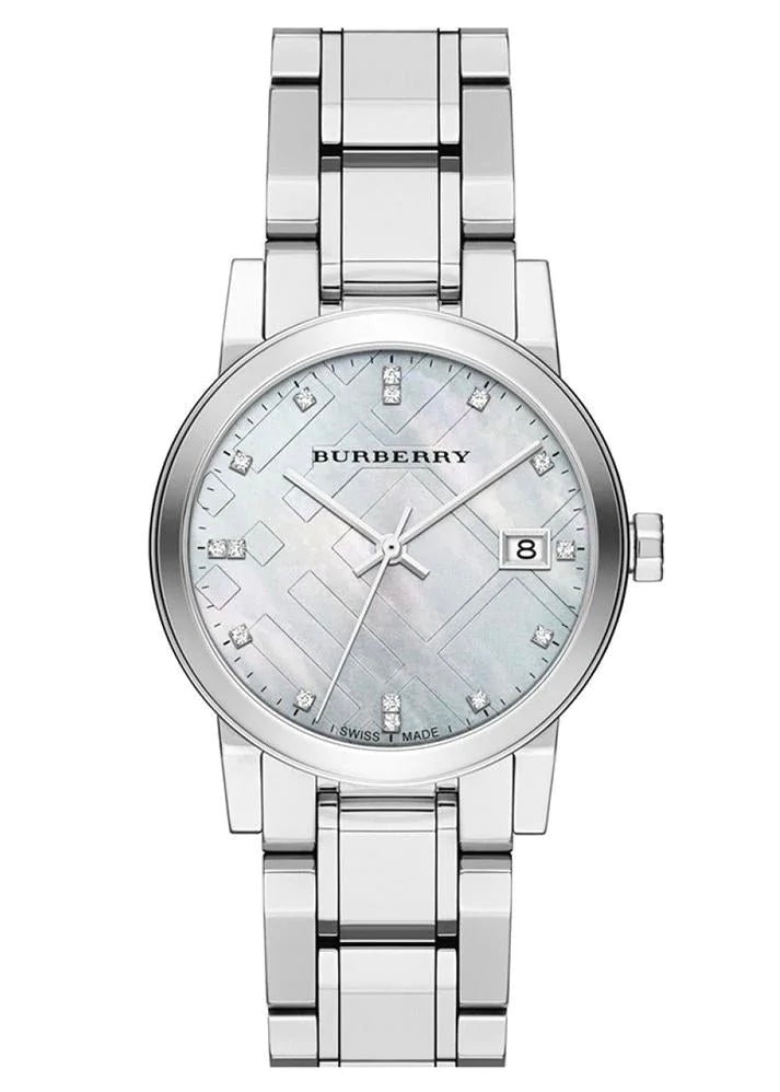 BURBERRY LADIES WATCH BU9125 34mm CHECK STAMPED SILVER