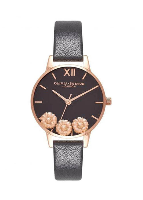 OLIVIA BURTON WATCHES OB16CH05 DANCING DAISY BLACK & ROSE GOLD LEATHER